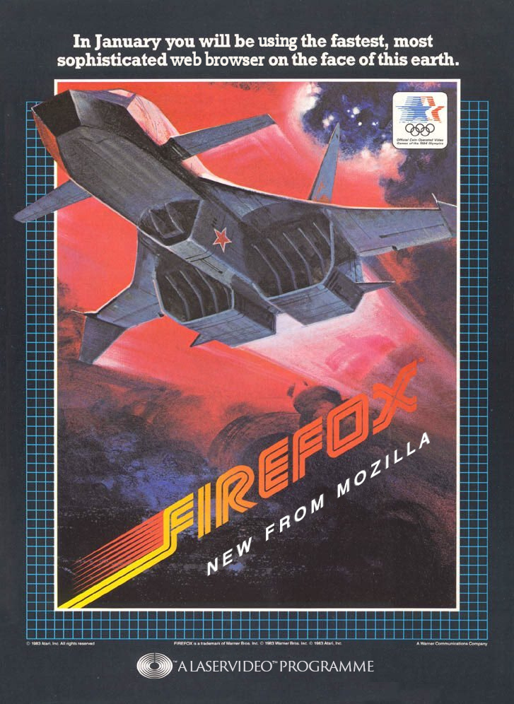 an image of the old atari firefox laservideo box art, edited to say &quot;firefox: new from mozilla&quot;