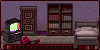 a dark room with a bed, bookcase, and tv with videogame system