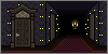 a hallway with dark wallpaper and a floating candelabra